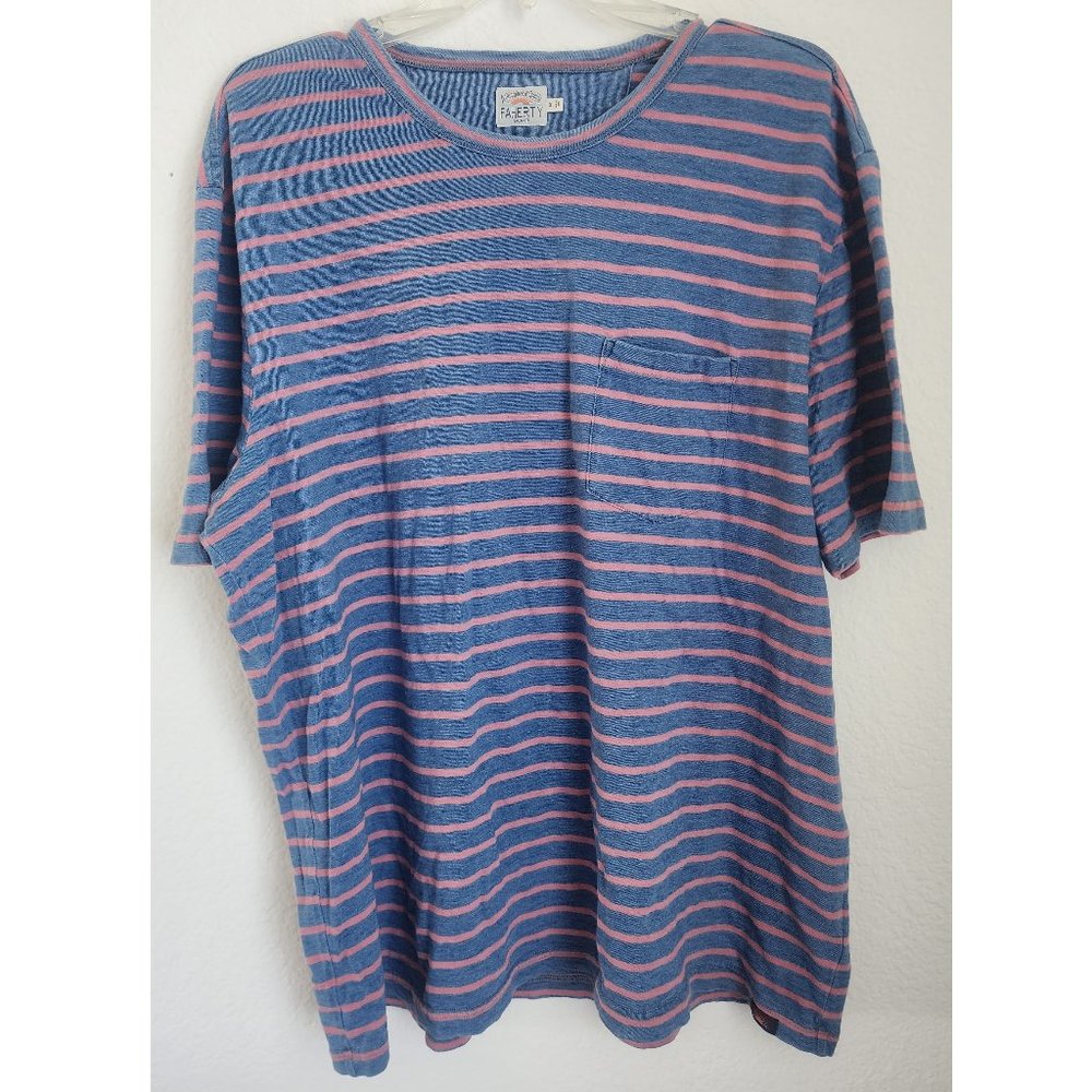 Faherty T Shirt Mens Size XL Blue Red Striped Indigo Crew Neck Chest Pocket